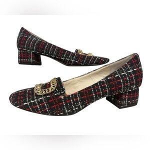 Bettye Muller Tweed Shoes Size 8.5 Red Black Plaid  Preppy Coquette Chain Detail
